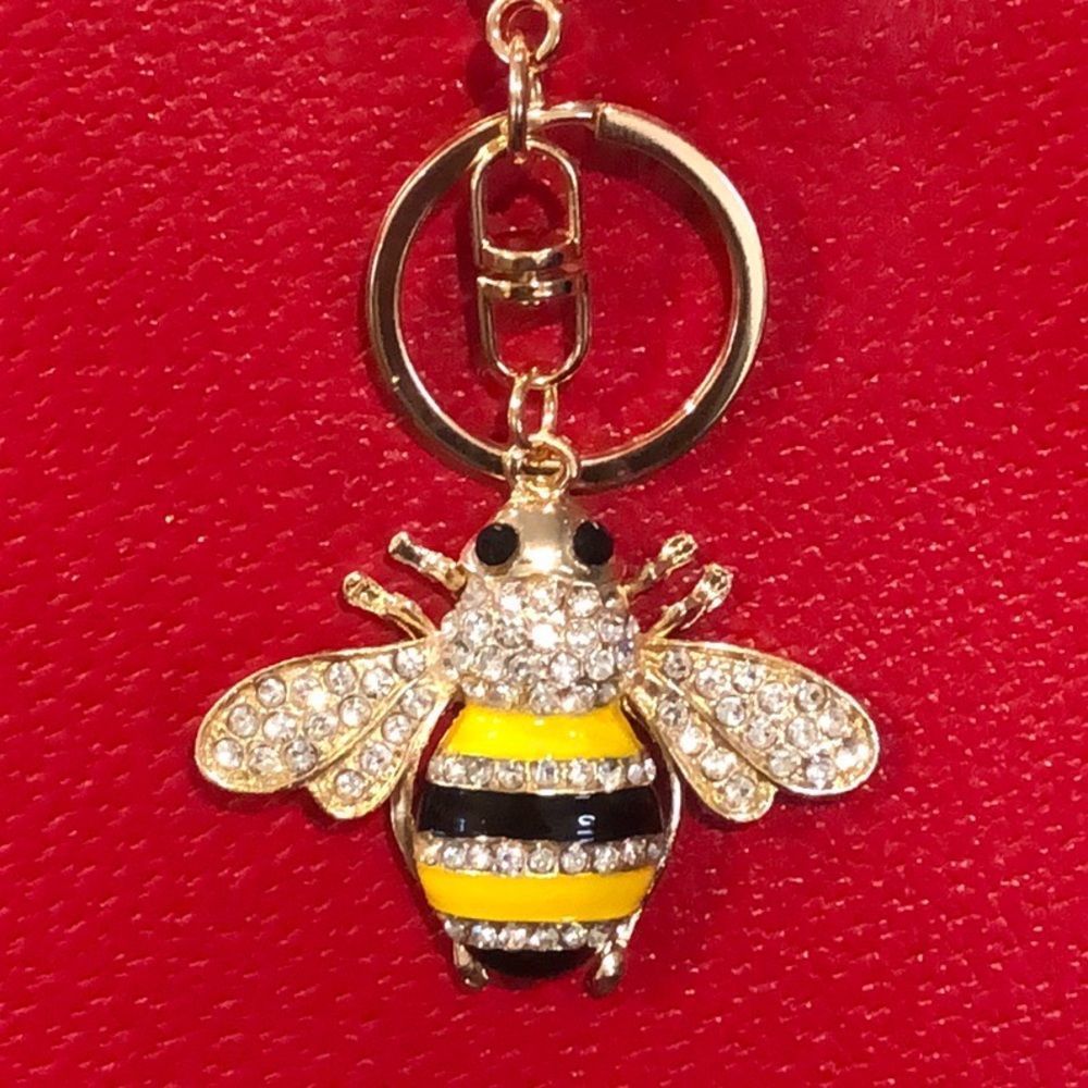 Black and Yellow Striped Bumble Bee Keychain with Crystal Accents Bag Charm